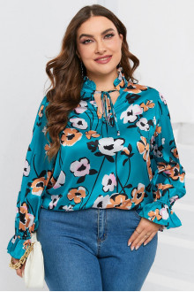 Satin plus size blouse in blue and floral print