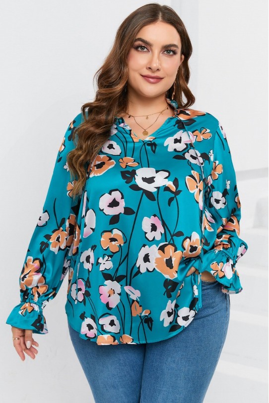 Satin plus size blouse in blue and floral print