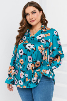 Satin plus size blouse in blue and floral print