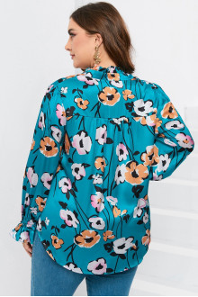 Satin plus size blouse in blue and floral print