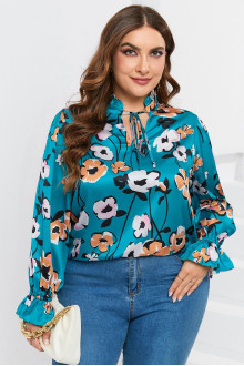 Satin plus size blouse in blue and floral print