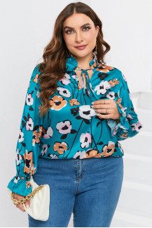 Satin plus size blouse in blue and floral print