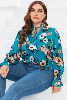 Satin plus size blouse in blue and floral print