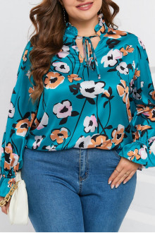 Satin plus size blouse in blue and floral print