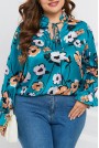 Satin plus size blouse in blue and floral print