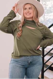 Ribbed plus size blouse with modern neckline in khaki