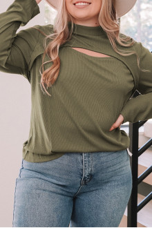 Ribbed plus size blouse with modern neckline in khaki