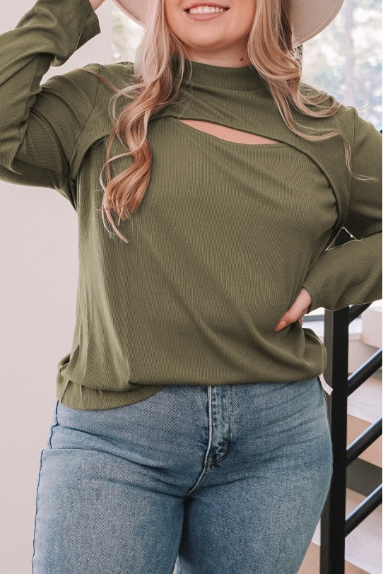 Ribbed plus size blouse with modern neckline in khaki