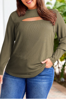 Ribbed plus size blouse with modern neckline in khaki