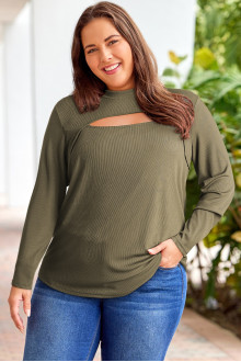 Ribbed plus size blouse with modern neckline in khaki