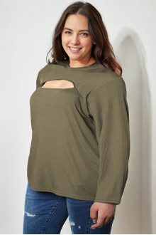 Ribbed plus size blouse with modern neckline in khaki