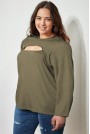 Ribbed plus size blouse with modern neckline in khaki