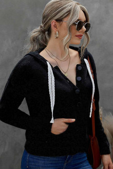 Black knitted plus size cardigan with hood and lace ties