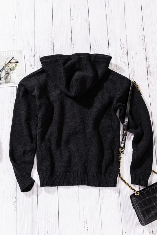 Черен макси пуловер с качулка и дантелени връзки