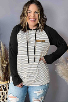 Black and white striped plus size sweatshirt with contrasting black sleeves