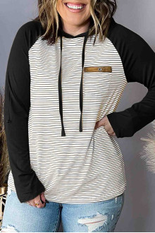 Black and white striped plus size sweatshirt with contrasting black sleeves