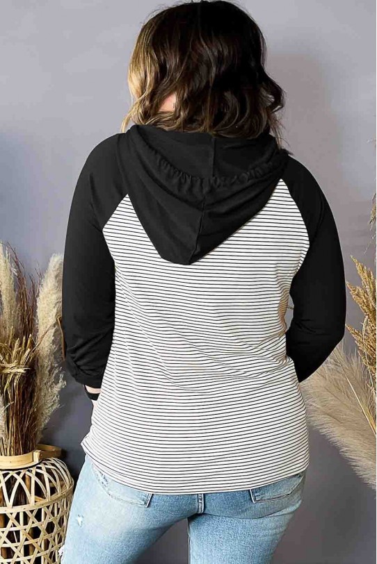 Black and white striped plus size sweatshirt with contrasting black sleeves