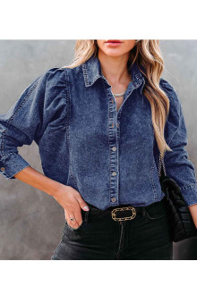 Denim plus size shirt-jacket with puff sleeves