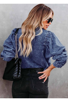 Denim plus size shirt-jacket with puff sleeves