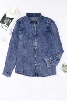 Denim plus size shirt-jacket with puff sleeves