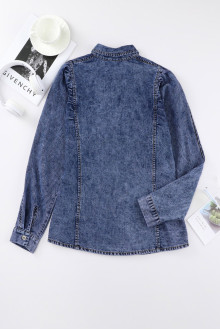 Denim plus size shirt-jacket with puff sleeves