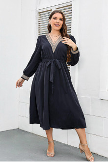 V-neck plus size midi dress with embroidery