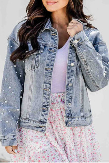 Light denim plus size jacket with pearls