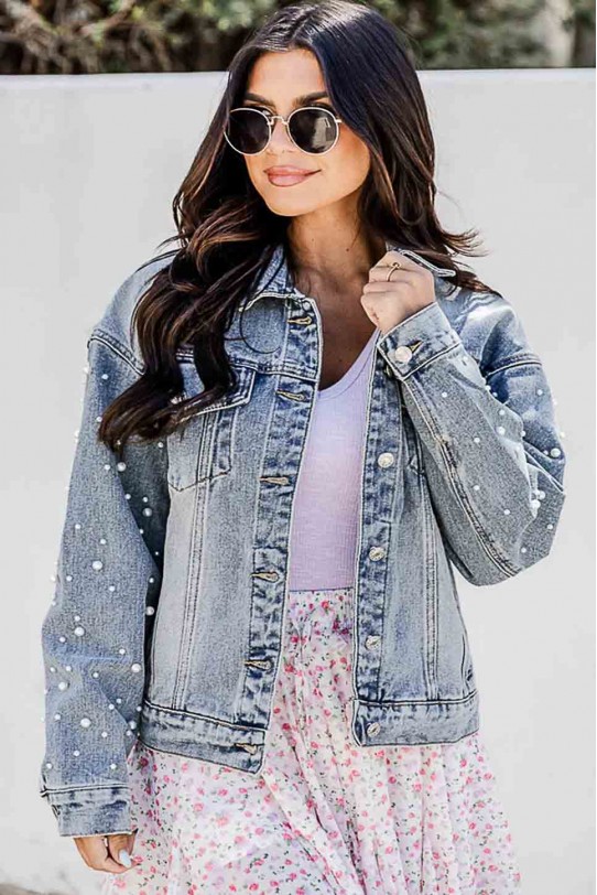 Light denim plus size jacket with pearls