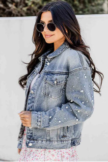 Light denim plus size jacket with pearls