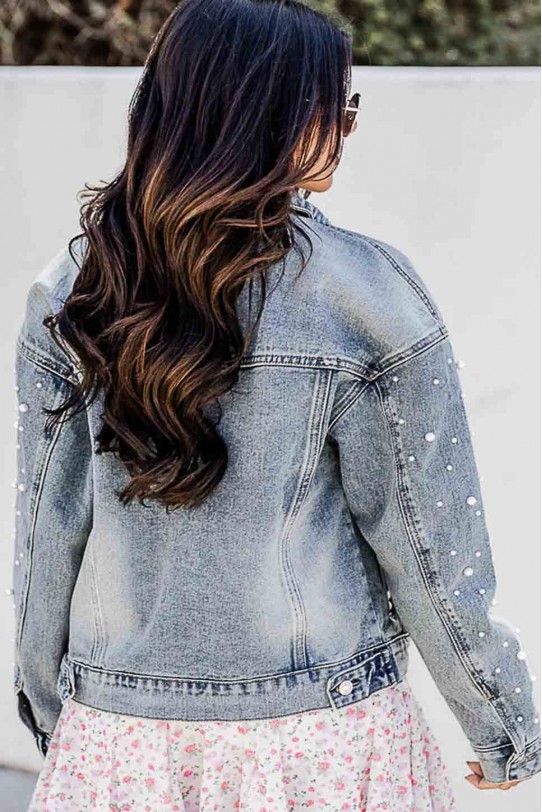 Light denim plus size jacket with pearls