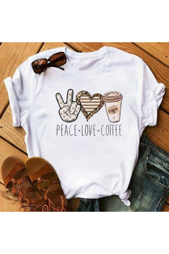 Бяла макси тениска с надпис "PEACE-LOVE-COFFEE"