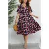 Black midi plus size dress with elastic waist and pink flowers