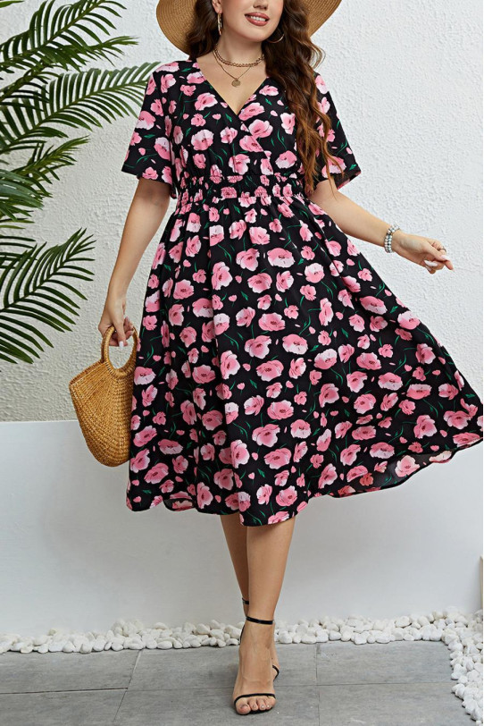 Black midi plus size dress with elastic waist and pink flowers