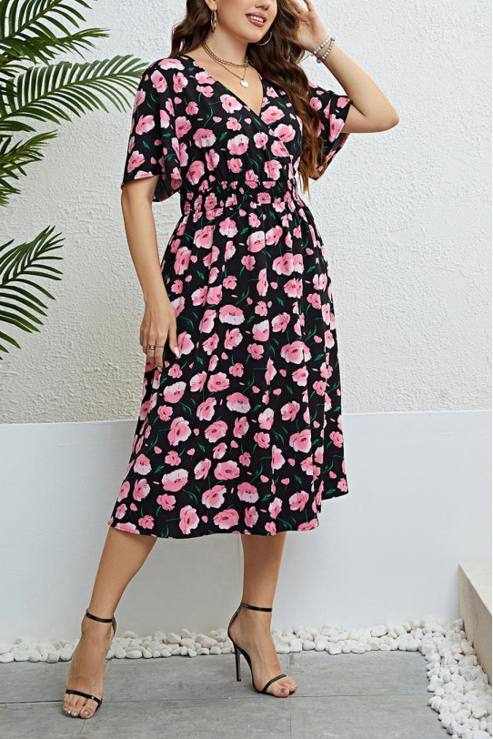 Black midi plus size dress with elastic waist and pink flowers