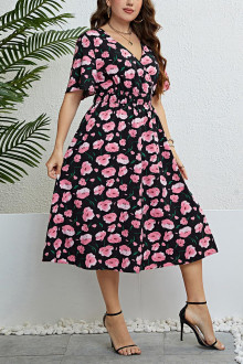 Black midi plus size dress with elastic waist and pink flowers