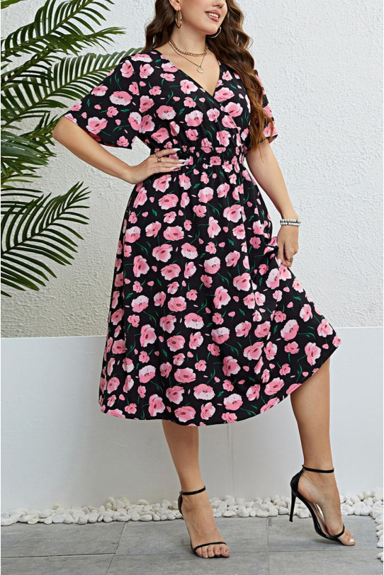 Black midi plus size dress with elastic waist and pink flowers