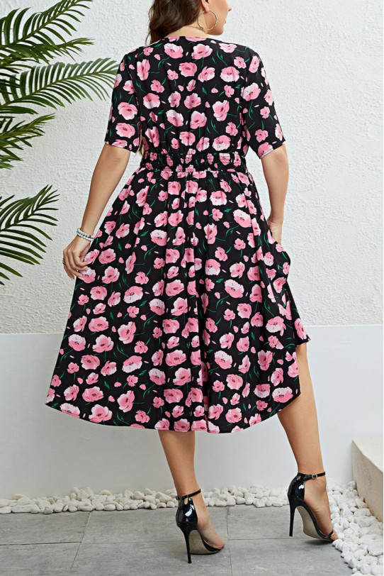 Black midi plus size dress with elastic waist and pink flowers