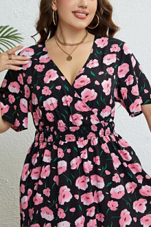 Black midi plus size dress with elastic waist and pink flowers