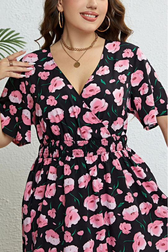 Black midi plus size dress with elastic waist and pink flowers