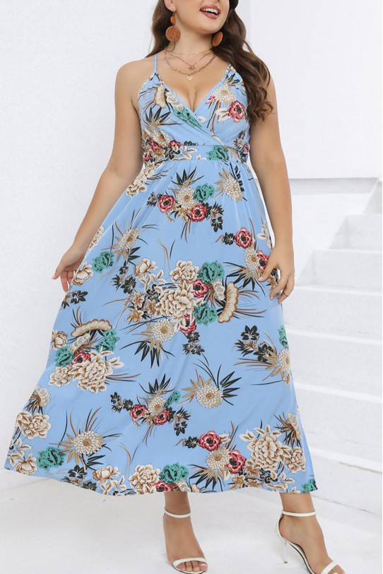 Summer plus size dress in light blue color with cream flowers