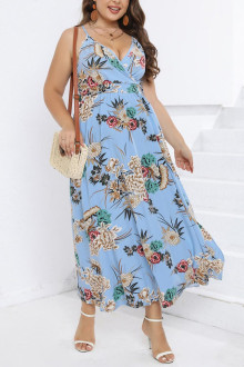 Summer plus size dress in light blue color with cream flowers