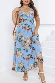 Summer plus size dress in light blue color with cream flowers