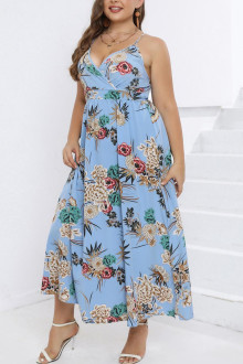 Summer plus size dress in light blue color with cream flowers