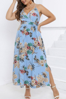 Summer plus size dress in light blue color with cream flowers