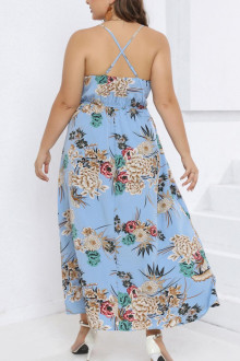 Summer plus size dress in light blue color with cream flowers