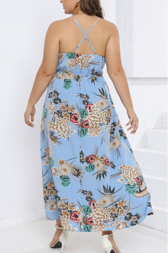 Summer plus size dress in light blue color with cream flowers