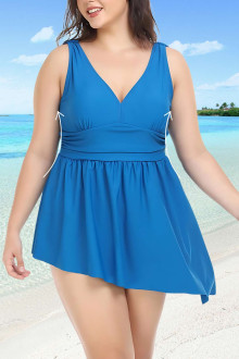 Shapewear blue plus size tankini with asymmetric length