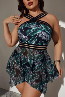 Sophisticated two-piece plus size tankini beach dress with halter neckline