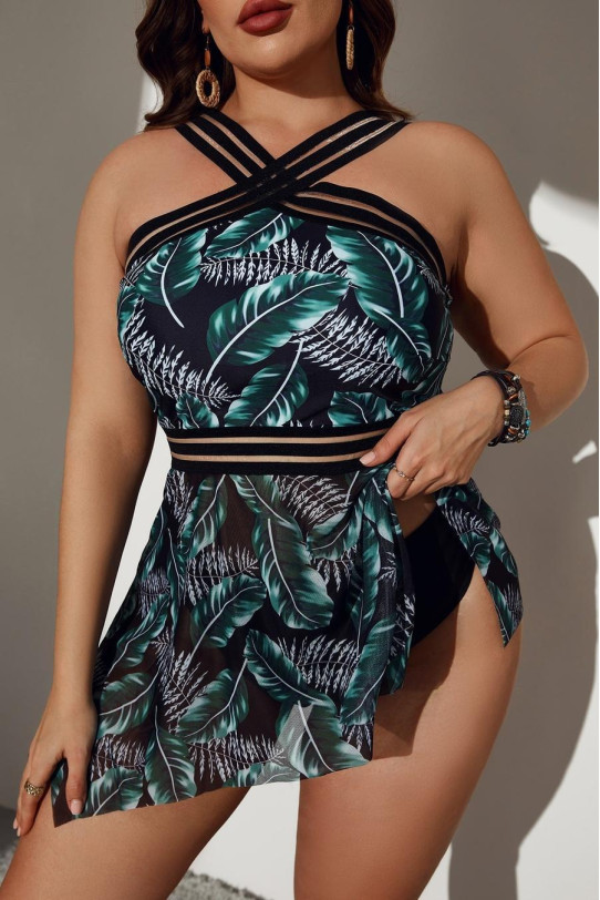 Sophisticated two-piece plus size tankini beach dress with halter neckline