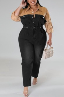 Plus size denim jumpsuit black and beige